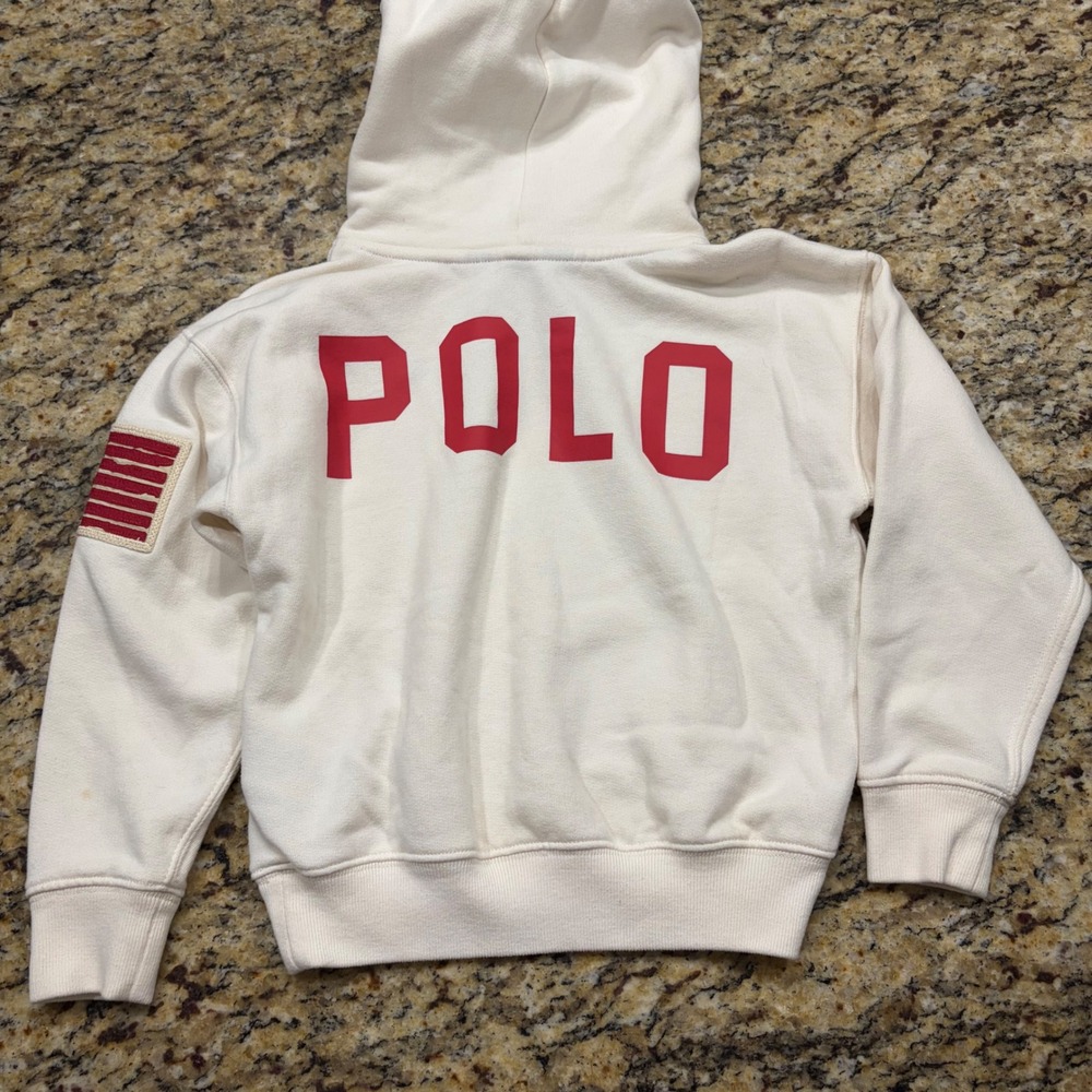 Polo Ralph Lauren Kids Cream White American Flag Patch Hoodie Size 6